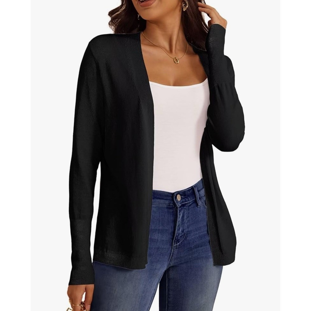 Folunsi Womens Black Open Front Cardigan Sweater Ribbed Trim Pockets S NEW